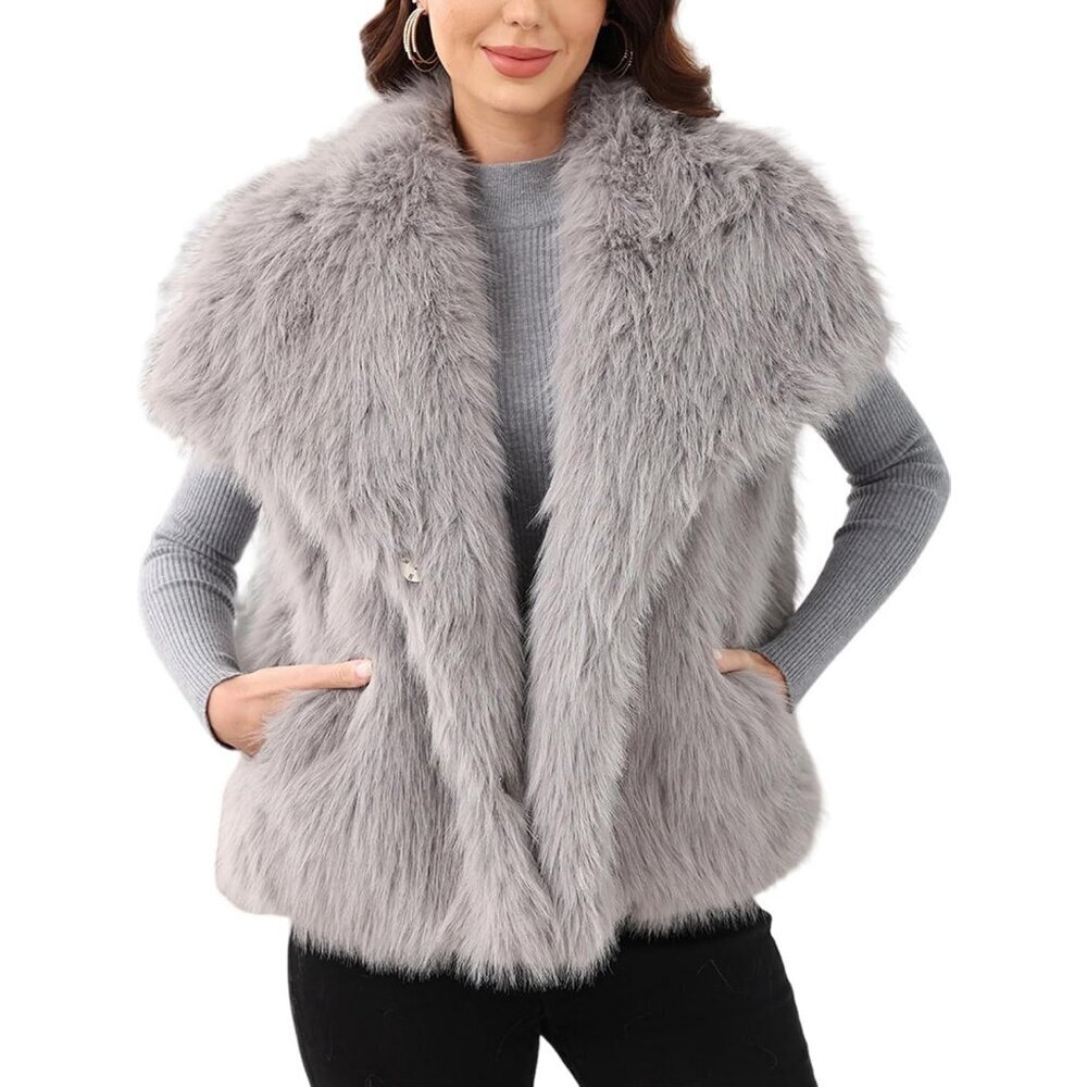 Women's Grey Faux Fur Vest Lapel Collar Sleeveless Furry Jacket Shaggy Warm